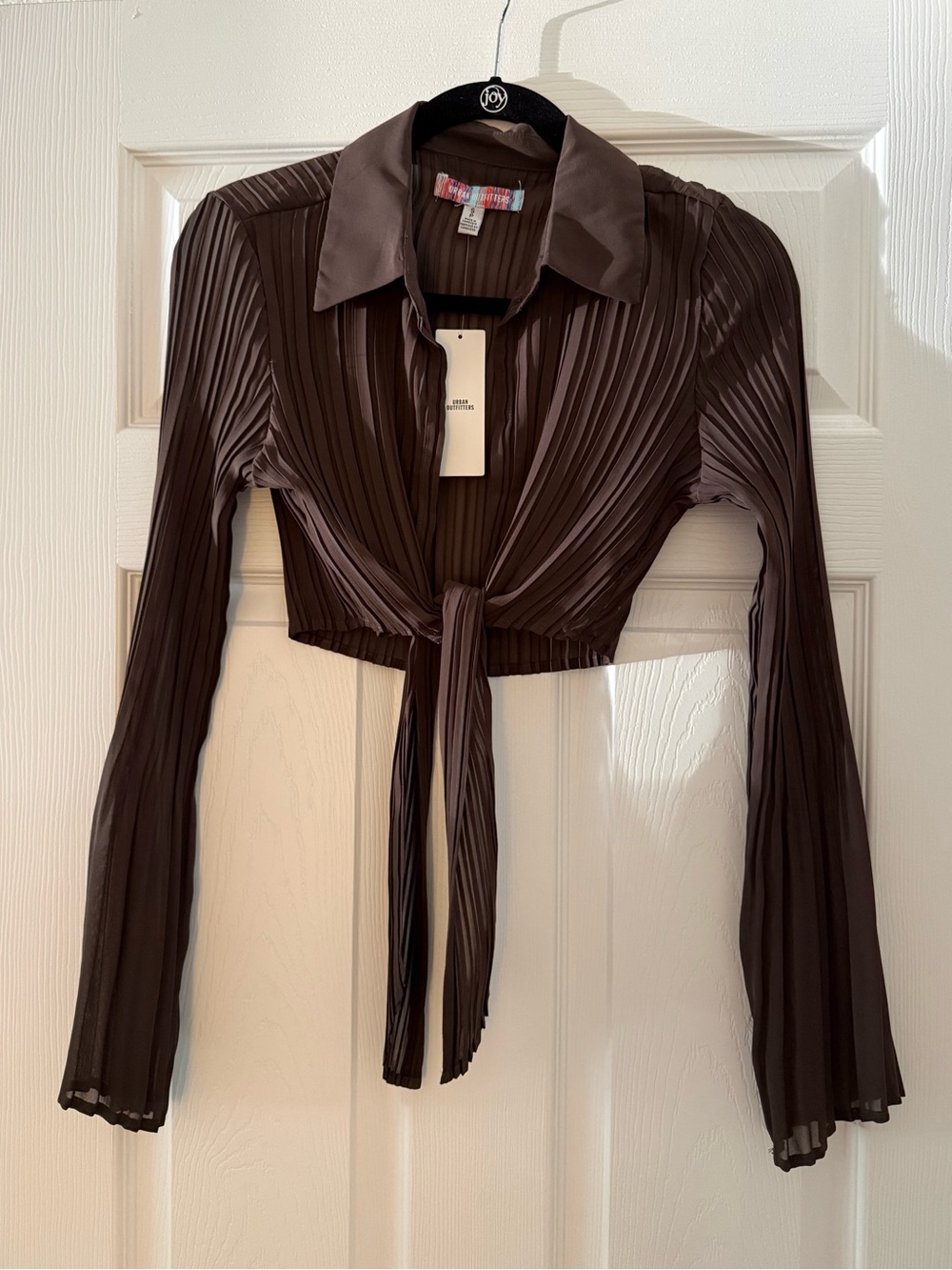 Urban Outfitters Brown Pleated Tie-Front Crop Button-Down